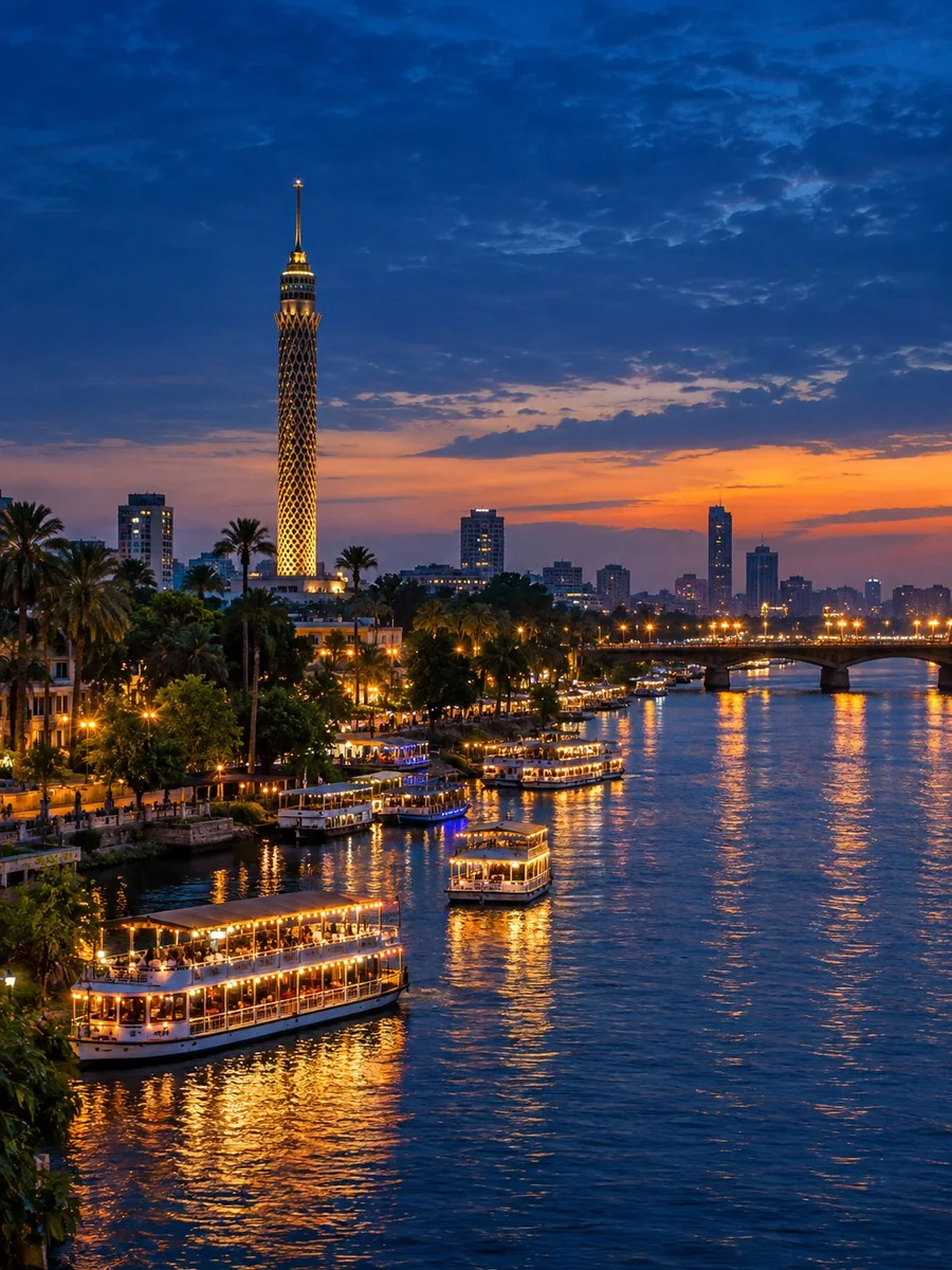 Der beleuchtete Kairo-Turm und Abendessen-Boote auf dem Nil im Zentrum Kairos zur blauen Stunde